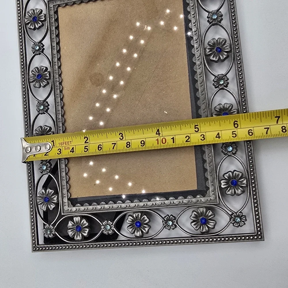 Heirloom Silvertone Floral Blue Jewel Design Photo Picture Frame Vtg